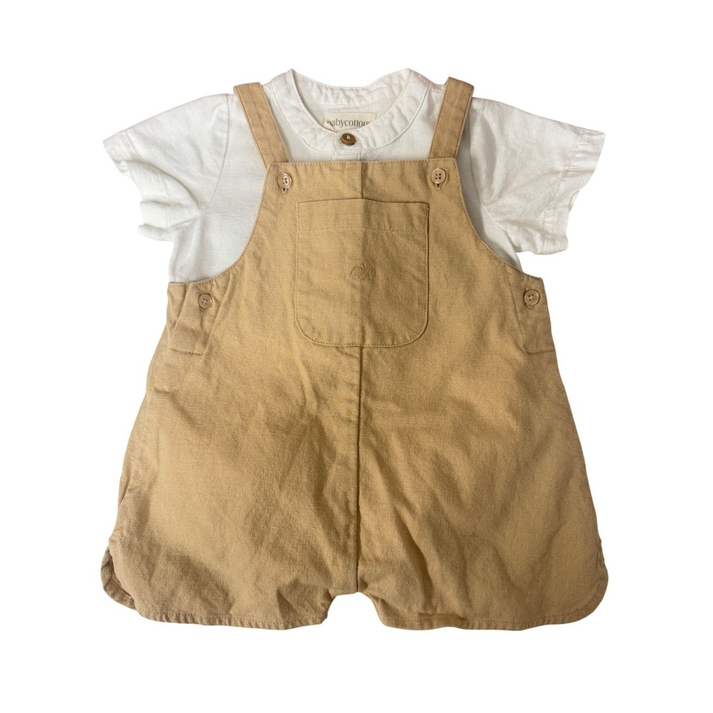 babycottons Overall Romper Set Unisex 6 Months Tan White Linen Cotton Boho EUC